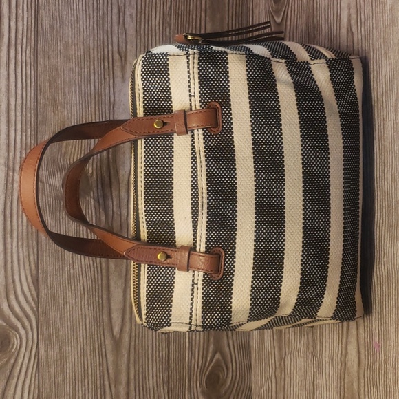 Fossil striped gray and cream canvas satchel bag - Picture 2 of 8